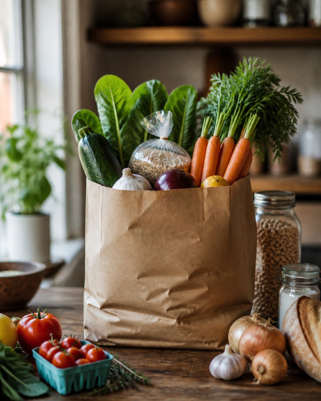 A paper grocery bag full of fresh produce and staples